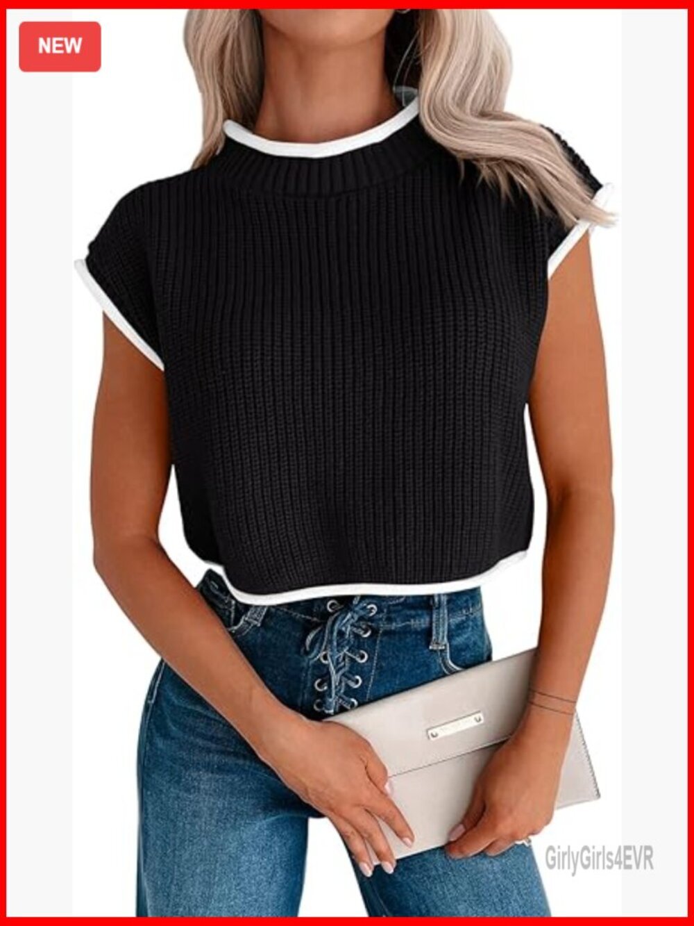 Cap Sleeve Crop Top Mock Neck Knit Sweater Vest Ribbed Sleeveless Tank Top